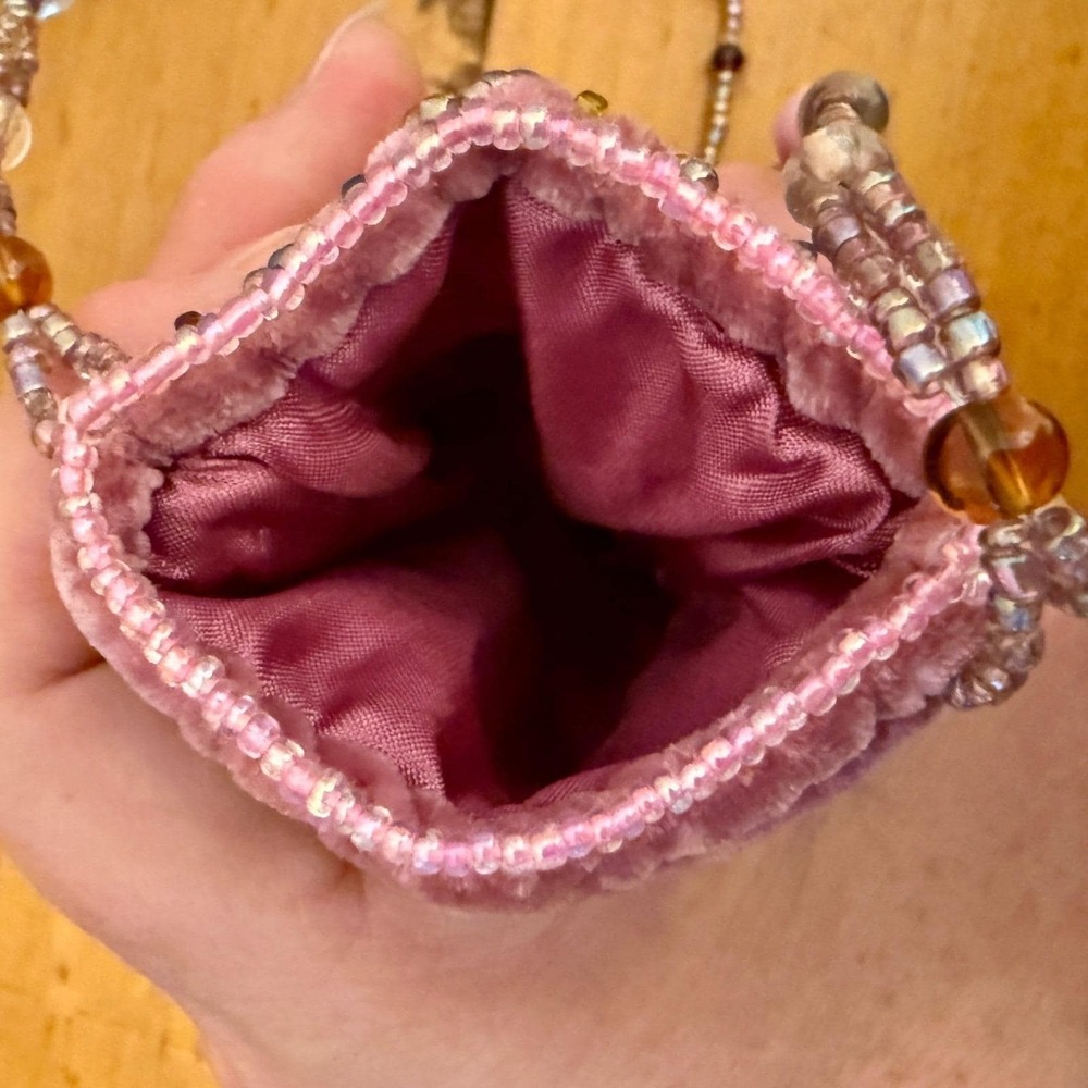 Vintage Pink Velvet Beaded Kokopelli Pouch Necklace Boho Crossbody Mini Bag 90s - Picture 8 of 12